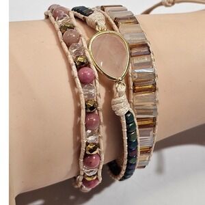 Free‎ Spirit Rose Quartz Rhodonite Wrap Bracelet Womens Pink Gold Tone Boho Bead